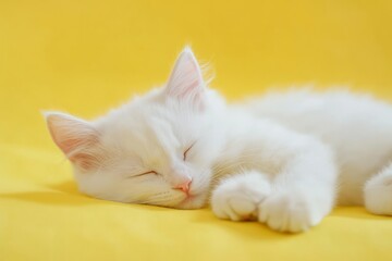 White kitten sleeping peacefully on yellow background
