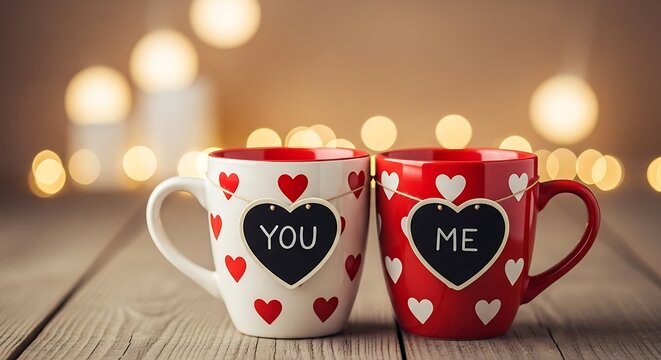 Two mugs, one red and one white with heart patterns, featuring 'You' and 'Me' heart-shaped chalkboards, romantic setting.