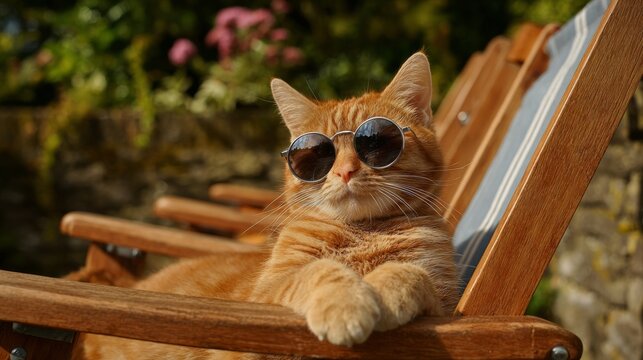 Ginger cat relaxing in deck chair wearing sunglasses