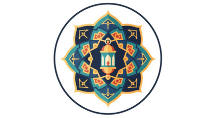 Fototapeta premium Circular mandala ornament with glowing lantern for islamic festivals and ramadan kareem celebration featuring detailed floral motifs and elegant color palette in flat vector style