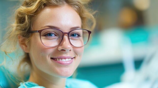 Smiling woman in eyeglasses at dental office with bright background