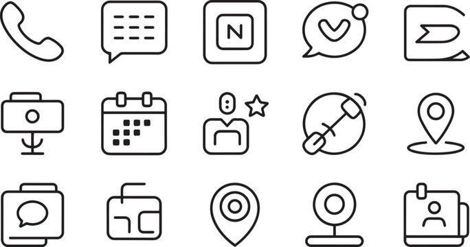Collection of Minimalist Communication and Utility Icons Isolated on Transparent Background
