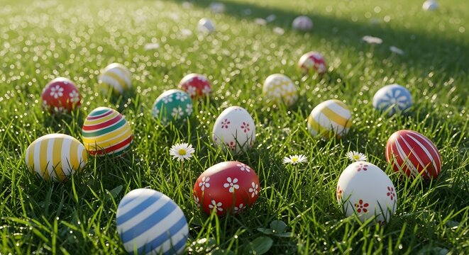 Easter eggs hidden in green grass with flowers