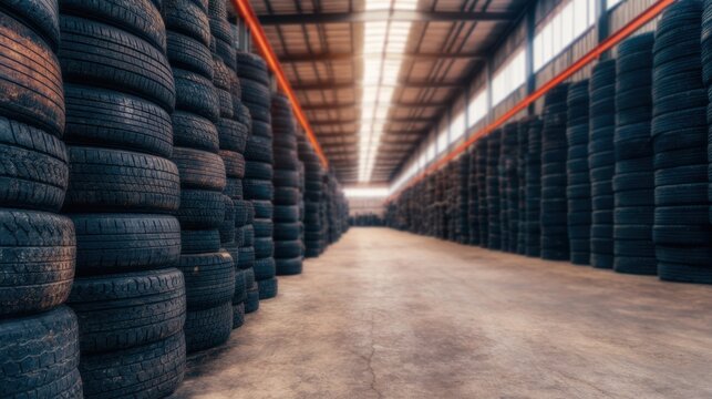 Warehouse filled with stacked tires in organized rows during daylight