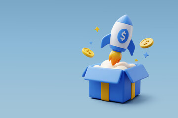 3D Vector Rocket launching from a gift box with coins and sparkles, Business growth, Finance success, Innovation, Promotion and Profit expansion concept.
