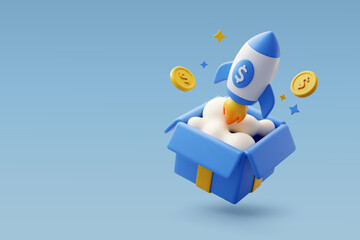 3D Vector Rocket launching from a gift box with coins and sparkles, Business growth, Finance success, Innovation, Promotion and Profit expansion concept.