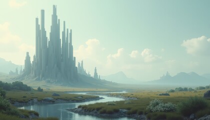 Fototapeta premium Majestic futuristic city skyline rising from rolling hills beside a winding river under a clear blue sky with scattered clouds in