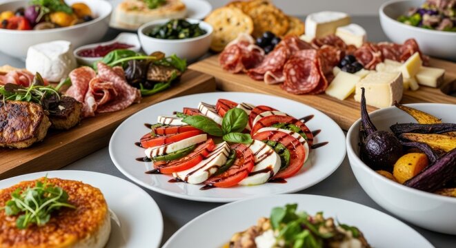 Variety of gourmet dishes with cheese meat and vegetables on a table