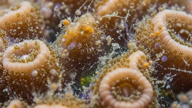 Close up of coral reef ecosystem with diverse marine life.
