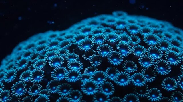 Close up of vibrant blue coral polyps in dark ocean water.