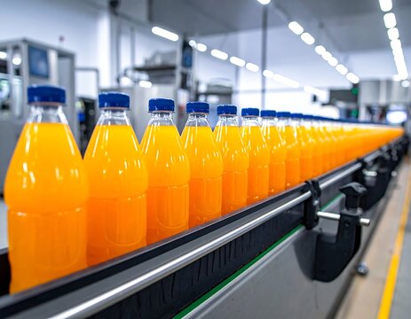 Bottles filled with vibrant orange liquid travel along an industrial conveyor