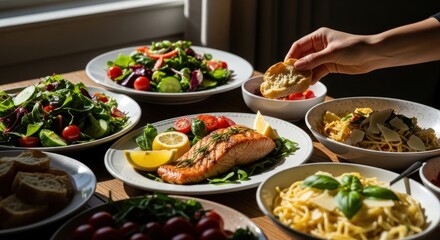 Delicious and healthy meal selection on a table with various dishes