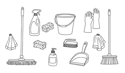 Hand drawn cleaning tools doodle outline vector set with household wash equipment icons © Lipi