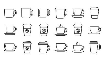 Outline coffee cup icon vector set with clean line art mugs and takeaway cups on white background © Lipi