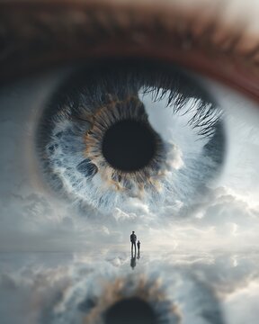 observer eye concept, world reflection inside iris, perception and observation,