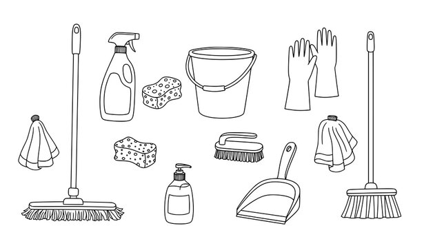 Hand drawn cleaning tools doodle outline vector set with household wash equipment icons