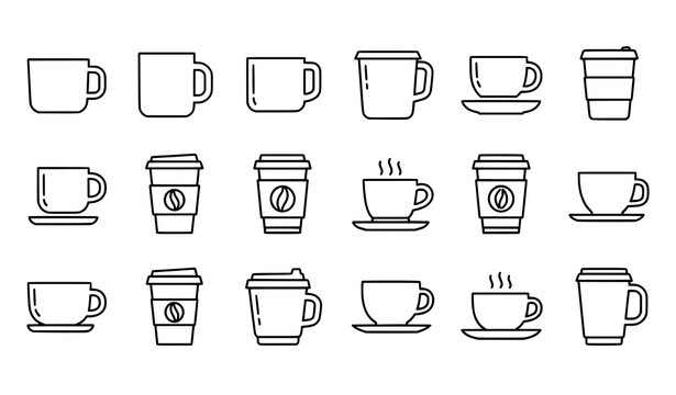 Outline coffee cup icon vector set with clean line art mugs and takeaway cups on white background