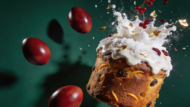 Easter kulich topped with white icing and red berries. Traditional russian holiday bread surrounded by floating dyed eggs and cream splash. Festive pascha celebration pastry with gold flecks on green