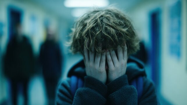 Young person hides face with hands in school hallway during a tense moment