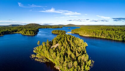 Naklejka premium Aerial view of a lake with islands and surrounding evergreen forests under a bright blue sky