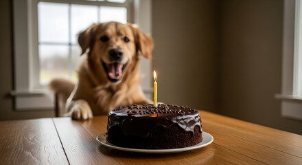 Happy Golden Retriever Dog with Mouth Open Celebrating Birthday with Chocolate Cake and Candle, Indoor Cozy Scene