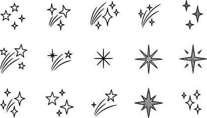 Decorative star line icon set featuring various sparkle symbols, shining glitters, shooting stars, magic bursts, and celestial night sky elements. © jamiul