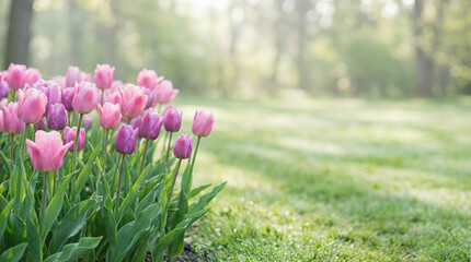 Pink and purple tulips are growing in a garden, created AI