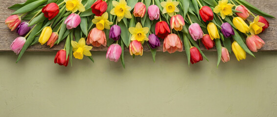 Colorful flowers are organized on a wooden table, created AI