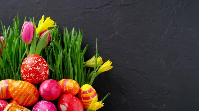 Colorful Easter Eggs with Tulips on Black.