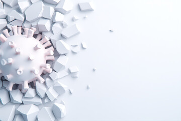 Fototapeta premium Realistic depiction of virus particle breaking apart amidst fragmented surfaces, showcasing minimalistic style. image conveys sense of disruption and transformation