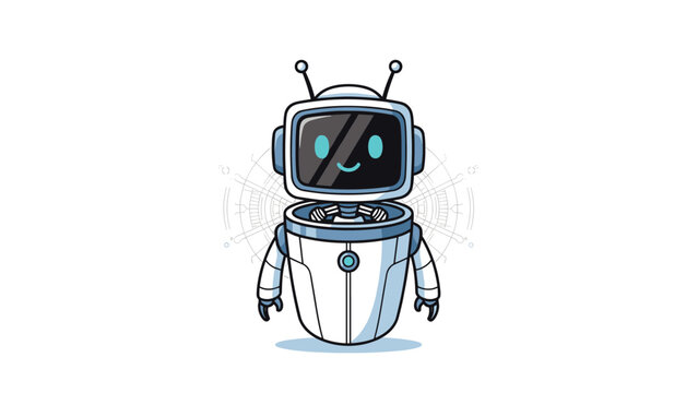 Modern white robot assistant character with a screen head showing a smiling face and antenna on a white background.