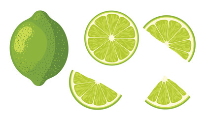 Selection of fresh whole and sliced green limes provides a vibrant visual for healthy food and citrus fruit themes.