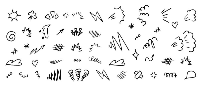 Dynamic anime emotion effect set with cartoon doodle lines, arrows, marks and symbols. Hand drawn style for manga, emotion, motion, emphasis, stickers and expressive design elements.
