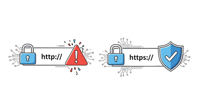 Visual comparison between insecure HTTP and secure HTTPS protocols highlights the importance of website data encryption.