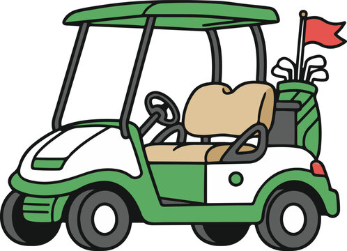 Cartoon vector illustration of a white and green golf cart carrying a bag of clubs with a red flag on the back.