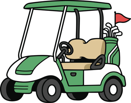 Vector illustration of a white and green golf cart with beige seats, carrying a bag of clubs and a red flag, designed in a cartoon style.