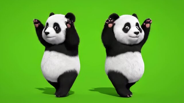 Two animated pandas dancing happily on green screen background,cartoon character,funny,joyful animation for children,panda bear friends
