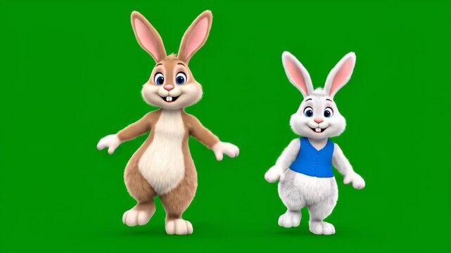 Two cartoon easter bunnies walking together on a green screen background animation for spring holiday celebrations
