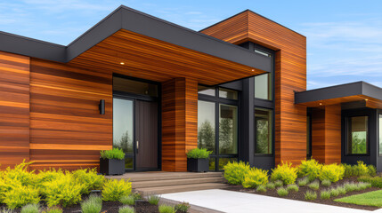 Modern house design features sleek lines and combination of wood and glass elements, creating warm and inviting atmosphere. exterior showcases blend of natural materials and contemporary