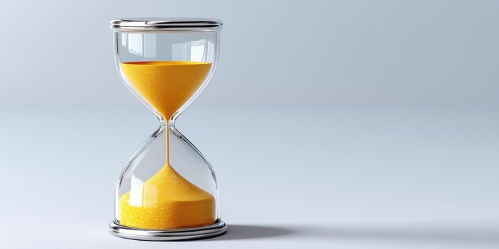 3D rendering of hourglass with flowing sand on minimalistic white background, symbolizing time management 