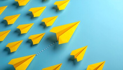 Overhead shot of yellow paper planes on a blue background