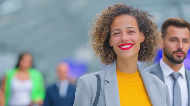 Confident Professional: A striking portrait captures a poised businesswoman with a radiant smile, emanating confidence. She strides with purpose through a bustling urban landscape.