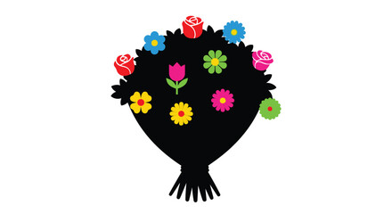 A colorful bouquet of flowers in a black vase illustration