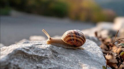 Brown snail with detailed texture on shell crawling on rocky path outdoors 
