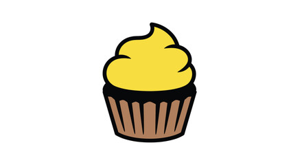A simple cartoon illustration of a yellow frosted cupcake with a brown wrapper