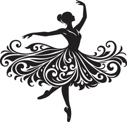 Ballerina silhouette in graceful pose, ornate flowing skirt, artistic dance illustration, black and white © NXTall