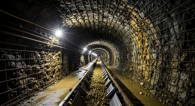Deep Underground Mine Tunnel with Industrial Conveyor Belt