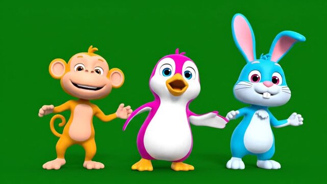 Three cheerful cartoon animals dancing and moving together on a green screen background footage