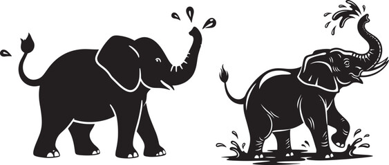 Playful elephants spraying water, happy animals in a natural setting, summer fun and joy, black and white © NXTall