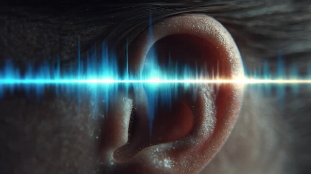 Hearing the Rhythm: An intimate view of a human ear, overlaid with vibrant sound waves, symbolizing the power and sensation of hearing, an experience of audio and perception.